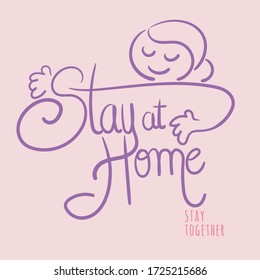 Vector illustration with hand lettering phrase Stay at Home for social network post or poster, motivational quote 