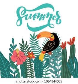 Vector illustration of hand lettering Summer word and hand drawn composition with tropical leaves, flowers and toucan bird for cards, greeting cards, prints, posters, t-shirts design