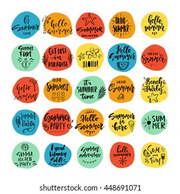Vector illustration with hand lettering for summer vacation, travel agency, summer party. Beach vacation. Unique design for postcard, mug or poster.