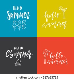 Vector illustration with hand lettering for summer vacation, travel agency, summer party. Beach vacation. Unique design for postcard, mug or poster.
