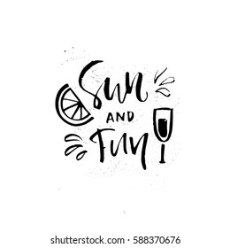Vector illustration with hand lettering for summer vacation, travel agency, summer party. Beach vacation. Unique design for postcard, mug or poster.
