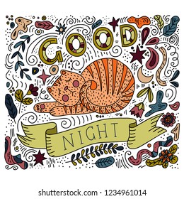 vector illustration of hand lettering text - good night. Sleeping cat surrounded by twigs, flowers, dots, curls. Line art