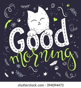 vector illustration of hand lettering text - good morning. There is cute fluffy cats, surrounded with curly, swirly, paw print, bird and feather shapes.