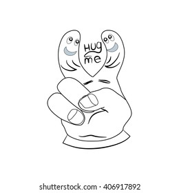 vector illustration of hand lettering text - hug me. Can be used as poster or nice gift card. Cartoon. 
