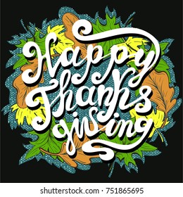 vector illustration of hand lettering thanksgiving lettering label - thanksgiving - surrounded with doodle decorative handcrafted elements of folk decor paintings. Falling leaves decorative wreath
