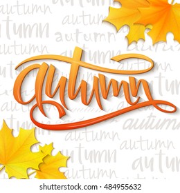 vector illustration of hand lettering word - autumn - with realistic yellow autumn leaves on typography backdrop, filled with word autumn.
