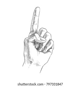 Vector illustration of hand with lifted up index finger. Counting gesture in engraving style isolated on white background. Number one