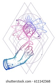 Vector illustration. Hand with a lollipop, lettering space candy. Sacred geometry.  Handmade, prints on T-shirts, tattoos, background white, purple blue color.Tattooed hand
