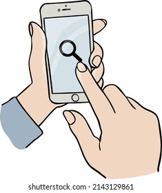 Vector illustration of a hand to look up on a smartphone