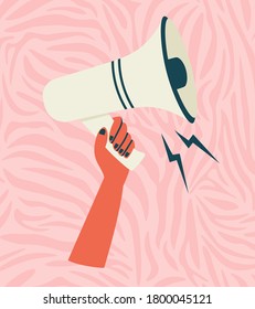 Vector illustration of hand with the loudspeaker on a pink zebra background. Girl power illustration.