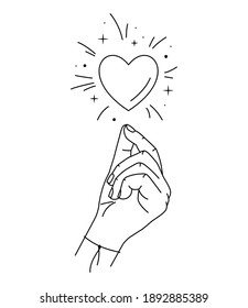 Vector illustration of hand and love magic. Line art style. Mystical hand with heart and stardust. Love boho symbol. Make dreams come true. Charity concept. Feminine gesture. Woman arm with bracelet