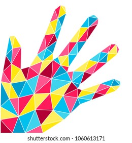 Vector illustration of hand in low poly style. Print design with human palm. This isolated illustration can be used as a print for T-shirts, sweaters, clothes, dishes, textiles, souvenirs.