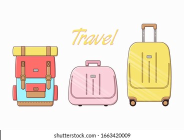 Vector illustration of hand luggage. Set of cute travel bags. A plastic suitcase and a large backpack.