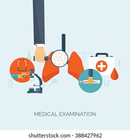 Vector illustration.  Hand with lungs.Flat medical background. Health care ,first aid, research ,cardiology. Medicine ,study. Chemical engineering ,pharmacy.
