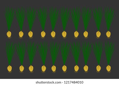 Vector illustration of hand made, artistic, yellow bow, green on gray background. Cute design. Botanical mouthwatering postcards.