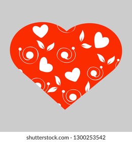Vector illustration of hand made, artistic with red heart with white floral pattern on gray background. Cute design for Valentine's Day greeting card.