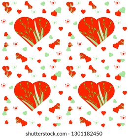 Vector illustration of hand made, artistic with red hearts, big and small with floral colorful pattern on white background. Cute design for Valentine's Day greeting card.