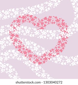 Vector illustration of hand made, artistic with pink heart with white floral pattern on light purple background. Cute valentine day greeting card design.
