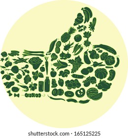 Vector illustration of hand made of food items gesturing thumbs up 