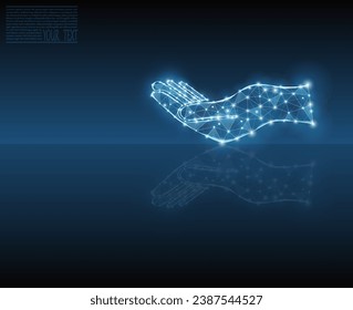 Vector illustration of a hand made of grid and dots with mirror reflection. The frame of the hand on a dark blue background.