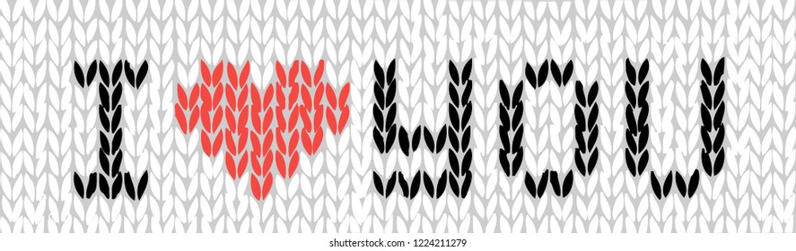 Vector illustration of hand made knitted I love you text web banner, in black, red and white. Happy Valentine's day concept