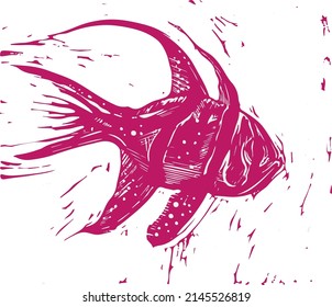 A vector illustration of a hand made lino cut. A pink fish with beautiful fins and movement water effect