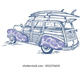 Vector Illustration, Hand Made Of Old Surfer Car.