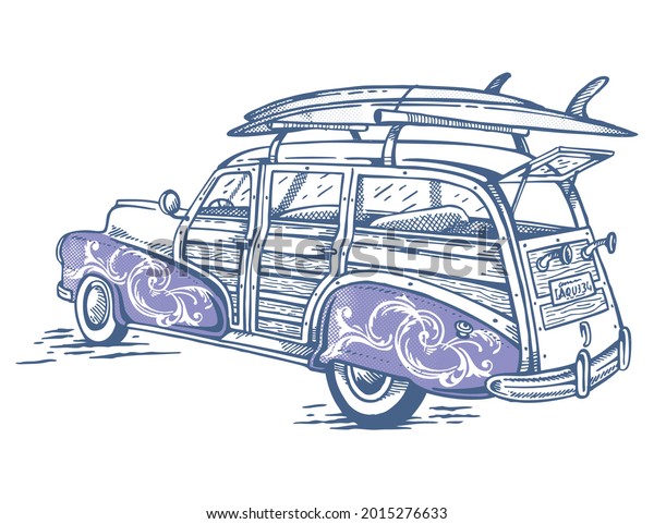 Vector\
illustration, hand made of old surfer\
car.