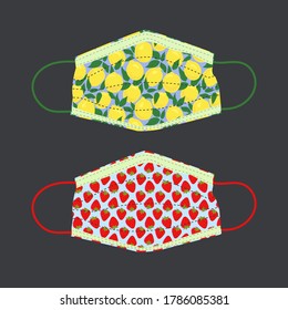 Vector illustration of hand made protective face masks in fruit pattern print fabric, 2 designs individually isolated. Stylish Coronavirus protection. Make your own mask craft or new product graphic.