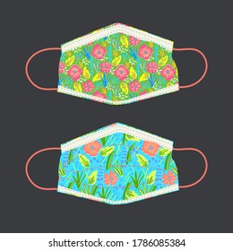 Vector illustration of hand made protective face masks with bold floral fabric, 2 designs individually isolated. Stylish Coronavirus protection. Make your own mask craft or new product graphic.