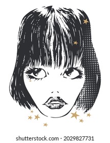 Vector illustration, hand made of stylized girl head with stars around.