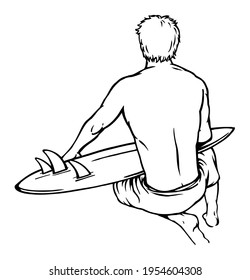 Vector illustration, hand made, of surfer on his back with board. Art in bare and simple lines.