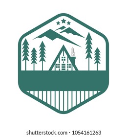 Vector illustration hand made vintage logo with wooden cabin and mountain.
