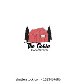 Vector illustration hand made vintage logo with cabin. Retro print design.