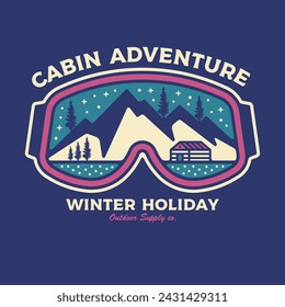 Vector illustration hand made vintage logo with wooden cabin and mountain. Retro print design, distressed stamp effect
