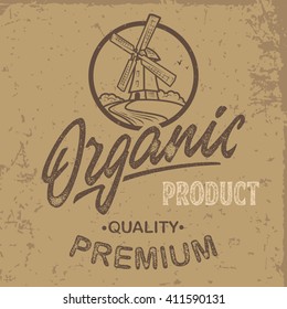 Vector illustration hand made vintage farm logo with windmill. Retro print design, distressed stamp effect, hand lettering. 
