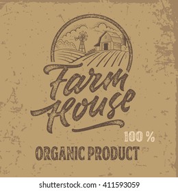 Vector illustration hand made vintage farm logo. Retro print design, distressed stamp effect, hand lettering. 
