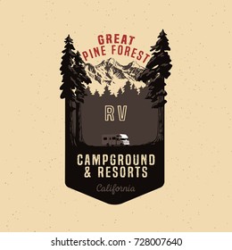 Vector illustration hand made vintage rv resort logo. Retro print design, distressed stamp effect 