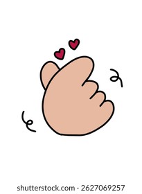 Vector illustration of a hand making a finger heart gesture with pink hearts. Perfect for K-pop fans, love-themed graphics, stickers, emojis, and romantic digital art.