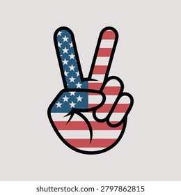 A vector illustration of a hand making a peace sign gesture, filled with the pattern of the United States flag, featuring stars and stripes.