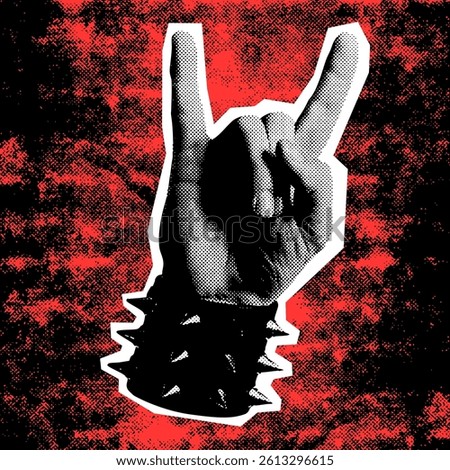 Vector illustration of a hand making the rock horns gesture with spiked bracelet. Retro grunge design perfect for alternative art and punk culture.