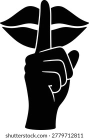 Vector illustration of a hand making a silence gesture with a finger over lips, symbolizing quiet, secrecy, confidentiality, or shush sign, isolated on white background.