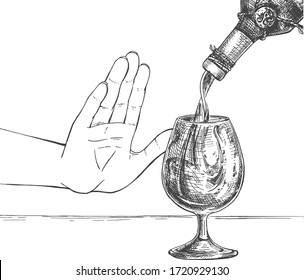 Vector illustration of a hand making a stop sign refusing to drink the alcohol. Wine glass and bottle. Healthy lifestyle decision. Vintage hand drawn engraving style.