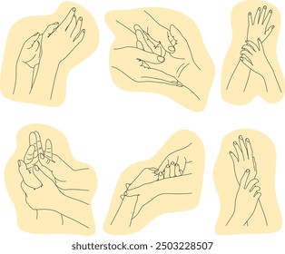 Vector illustration of hand massage, hand care concept, relaxing procedure for masseur, beautiful hands during massage for spa treatments advertising. No artificial intelligence