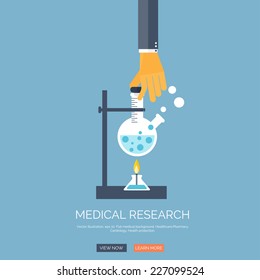 Vector illustration with hand and medical flask. Flat health care and medical research background. Chemical equipment.