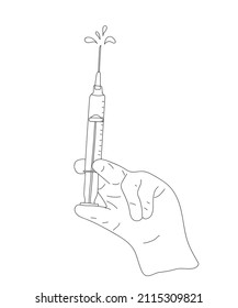 Vector illustration of a hand in medical glove holding the syringe in doodle style. Concept of vaccination and medical care.