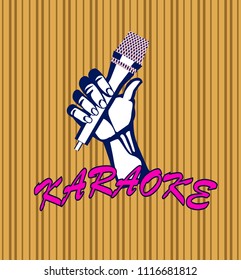 Vector illustration of a hand with a microphone, karaoke. Singing to music.