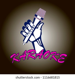 Vector illustration of a hand with a microphone, karaoke. Singing to music.
