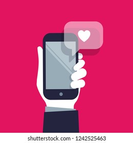 Vector illustration of hand with mobile phone with content likes, and comments. 