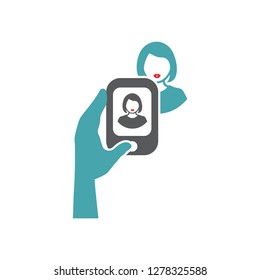 Vector illustration hand, mobile phone, woman and picture. Set of vector symbols. The man photographs the beloved on the mobile phone. Flat design